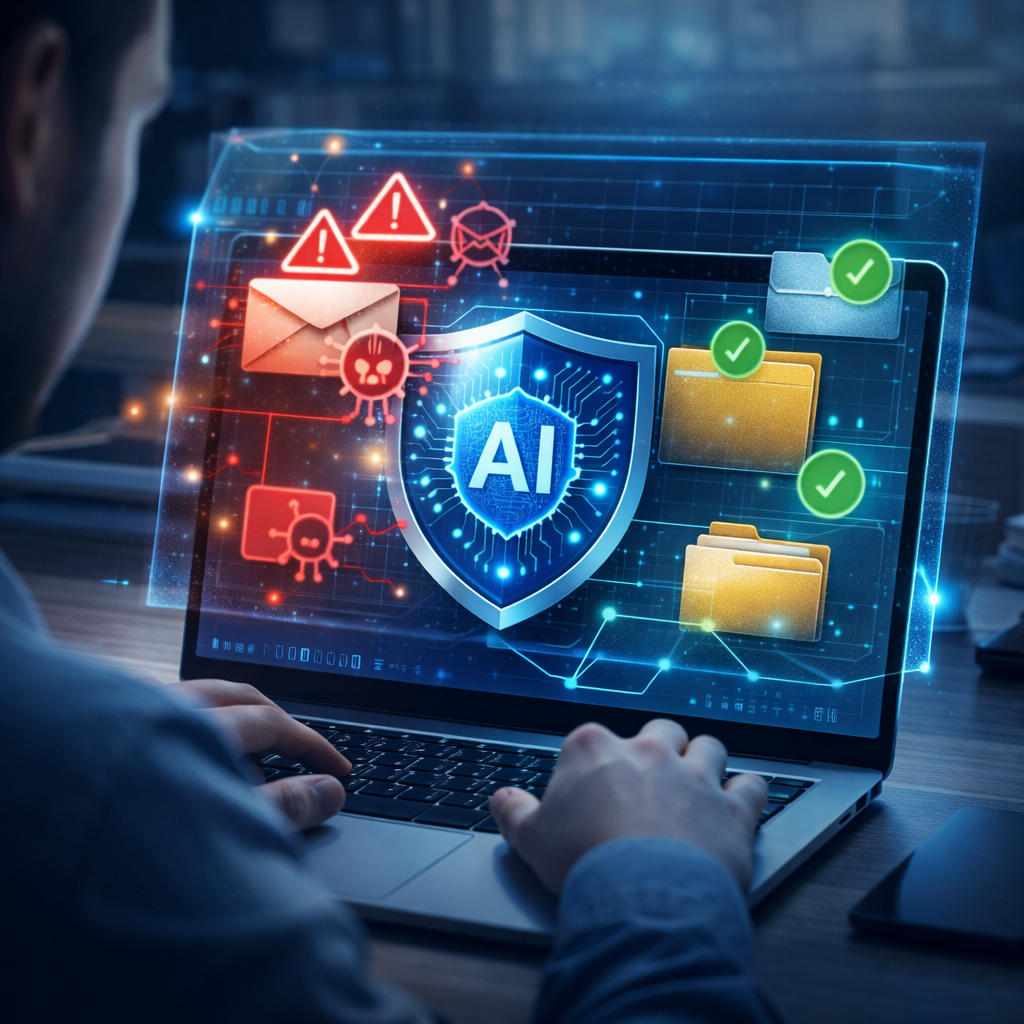 AI security system blocking ransomware attacks while protecting email, cloud, and company files on a laptop screen
