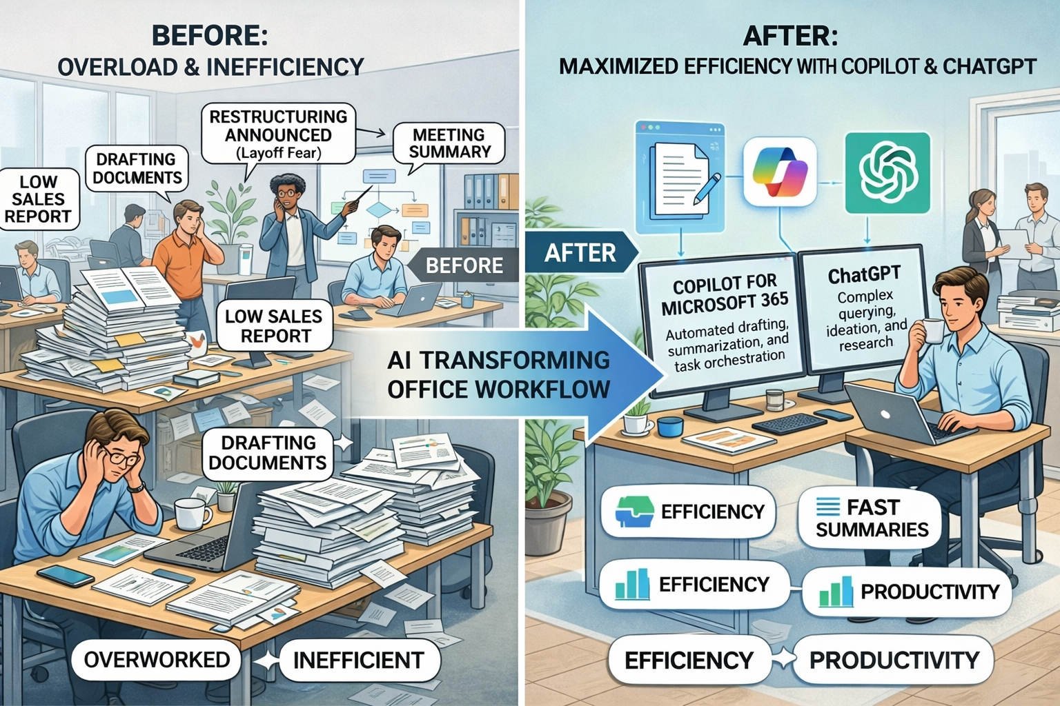 AI vs manual work comparison showing stressed office worker with paperwork and efficient employee using Copilot and ChatGPT tools