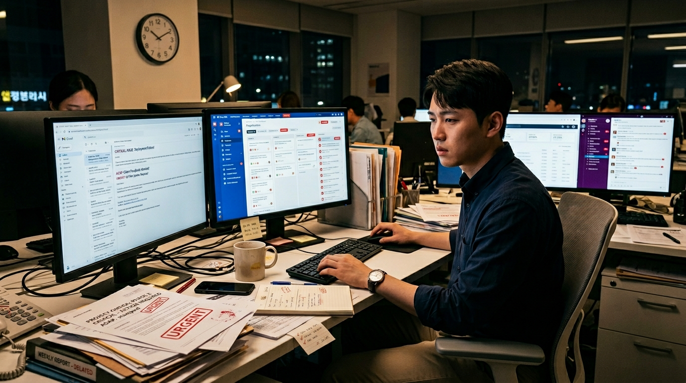 늦은 시간 여러 모니터와 긴급 표시가 된 서류에 둘러싸인 직장인