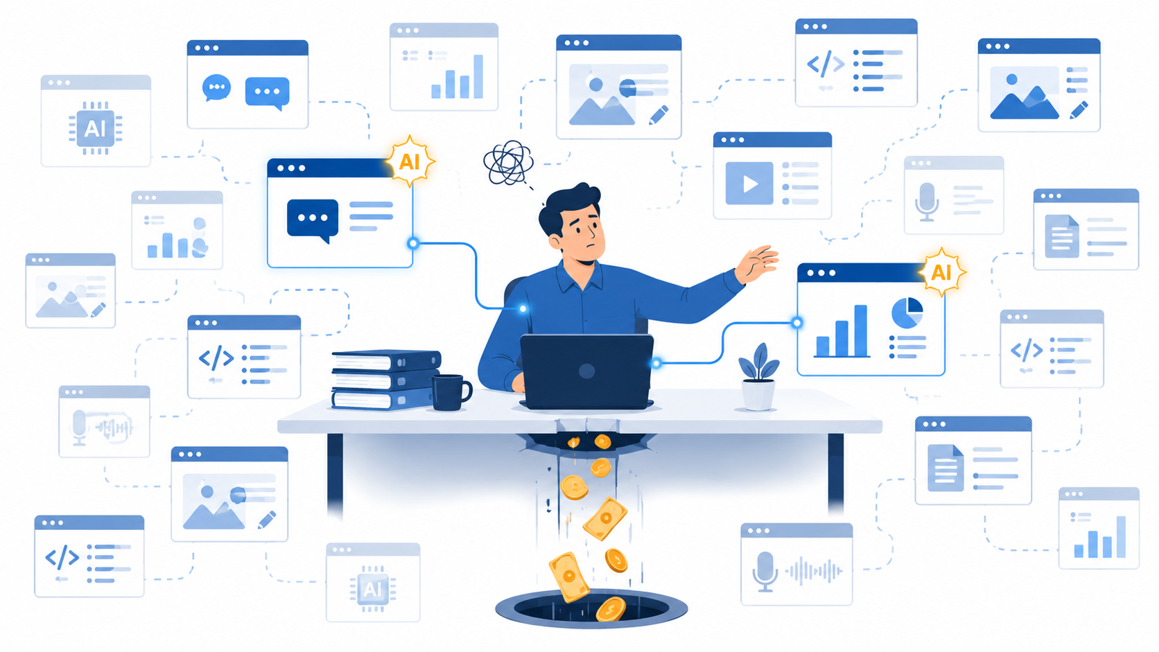 Illustration of an office worker already using two AI tools while searching through many more, with money draining away to represent duplicate, wasted subscriptions.