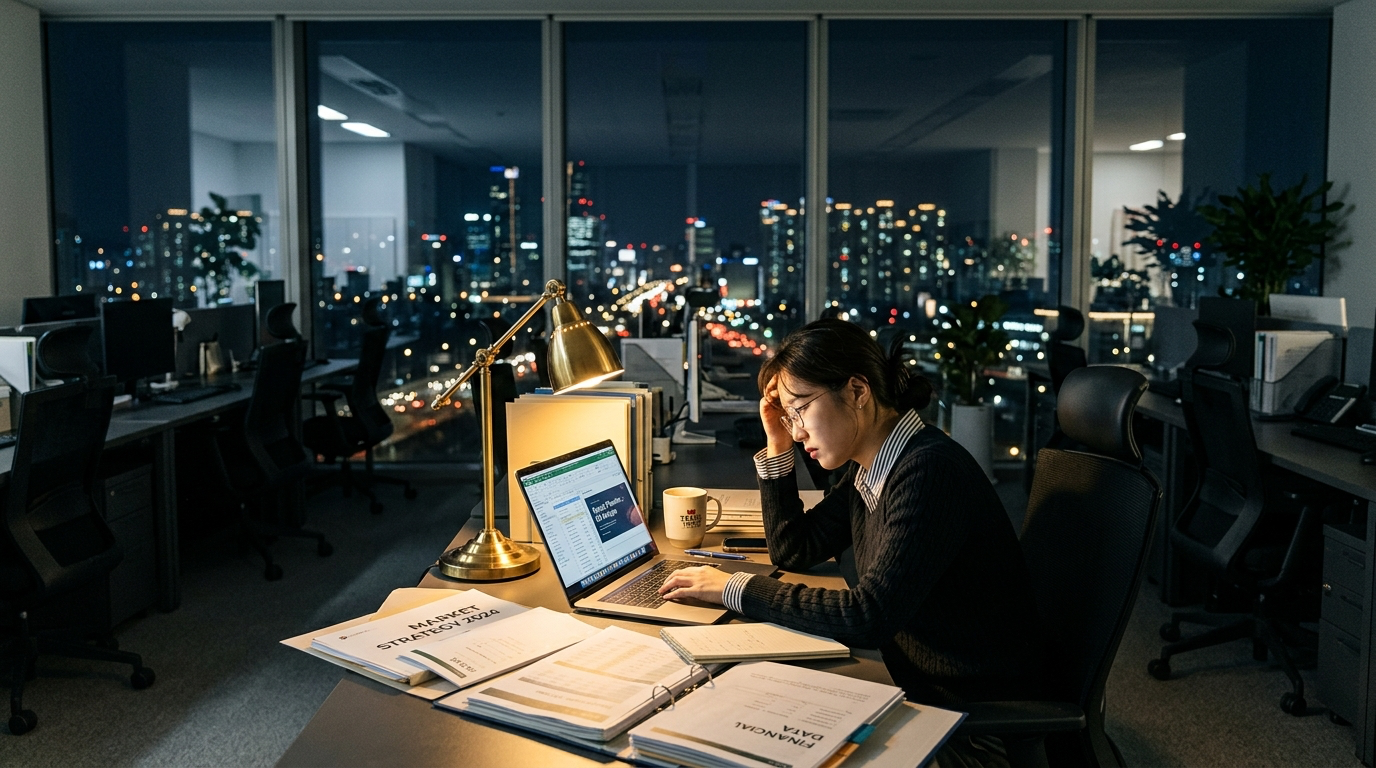 야근 중인 한국인 여성 직장인이 홀로 남아 업무에 집중하는 모습