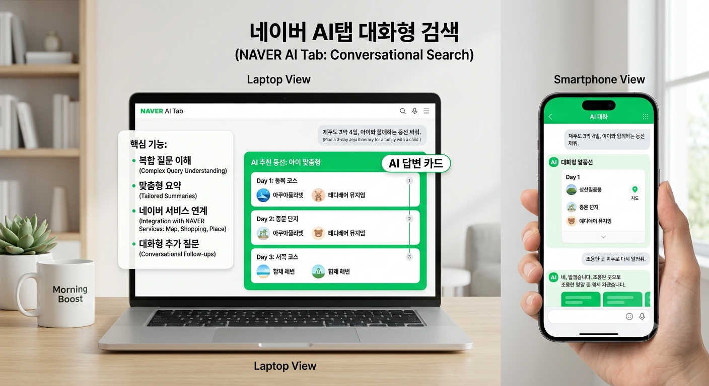 using a green-themed AI conversational search interface on both a laptop and a smartphone.