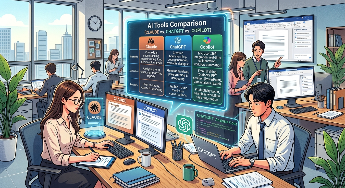 An illustration of office workers using Claude, ChatGPT, and Copilot, with a holographic AI comparison chart