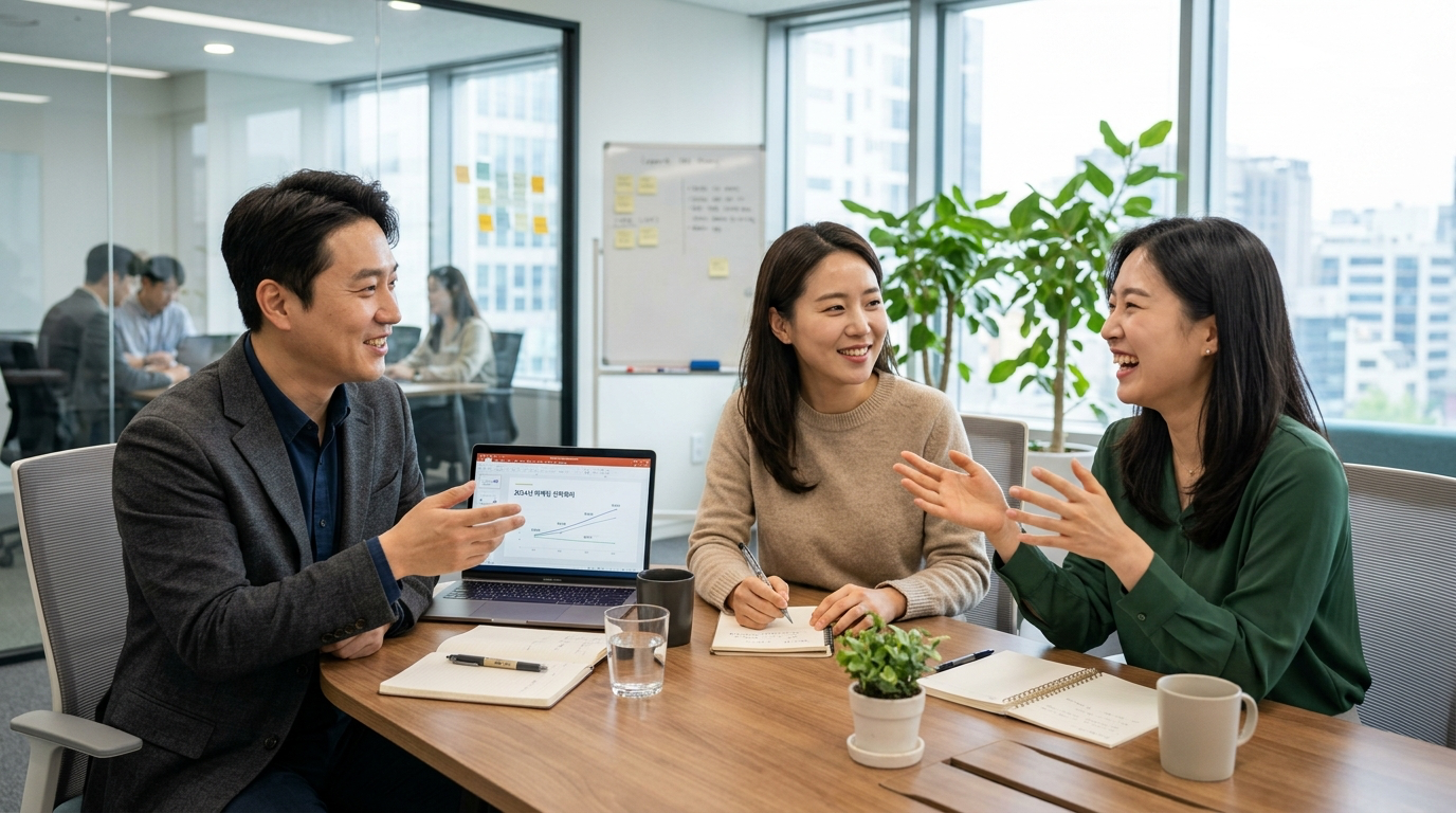 회의실에서 건설적으로 대화하는 한국인 직장인들