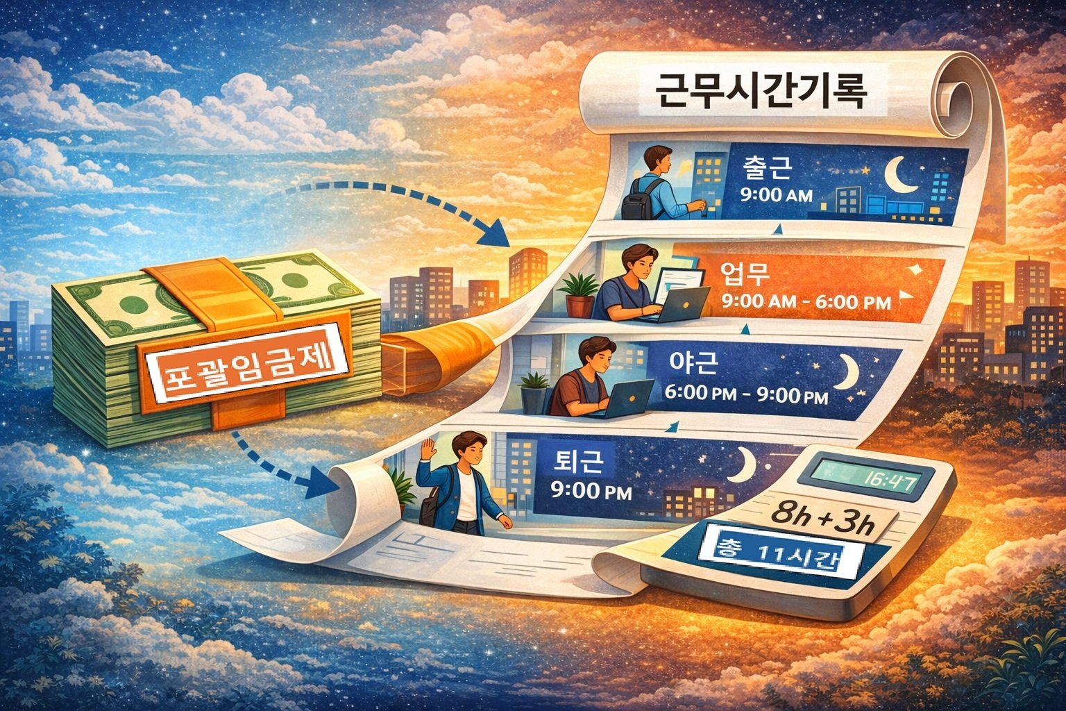 Illustration depicting a daily work timeline unfolding from a bundled wage into clear and transparent working hour records.