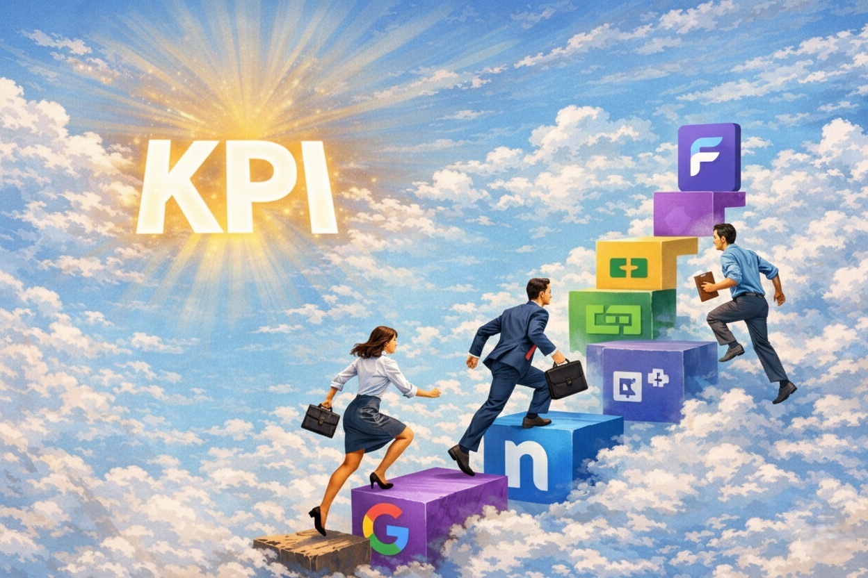 Illustration of professionals climbing collaboration tool blocks to reach KPI, symbolizing workflow-driven performance improvement