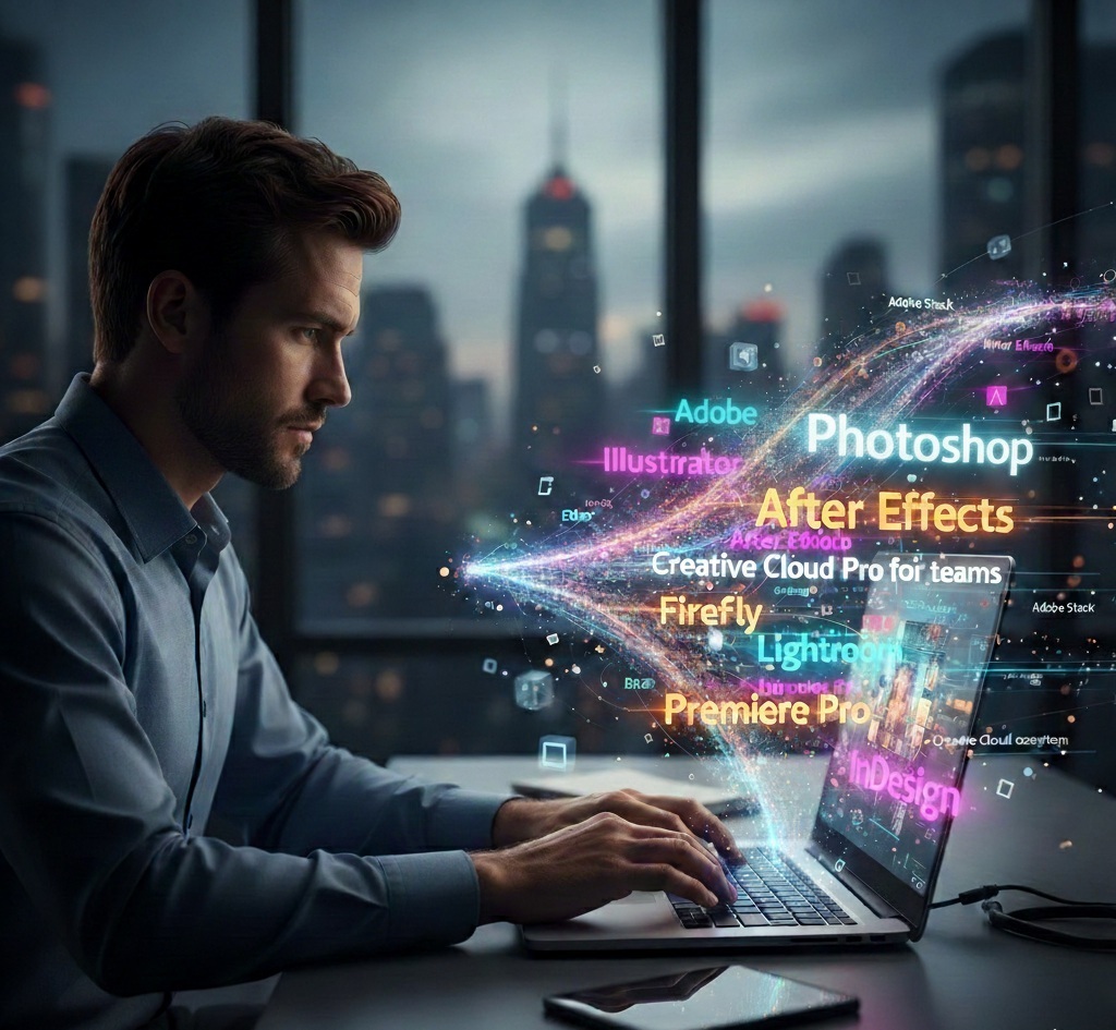 Adobe Creative Cloud ecosystem: Photoshop, Illustrator, and Firefly text on a high-tech desk