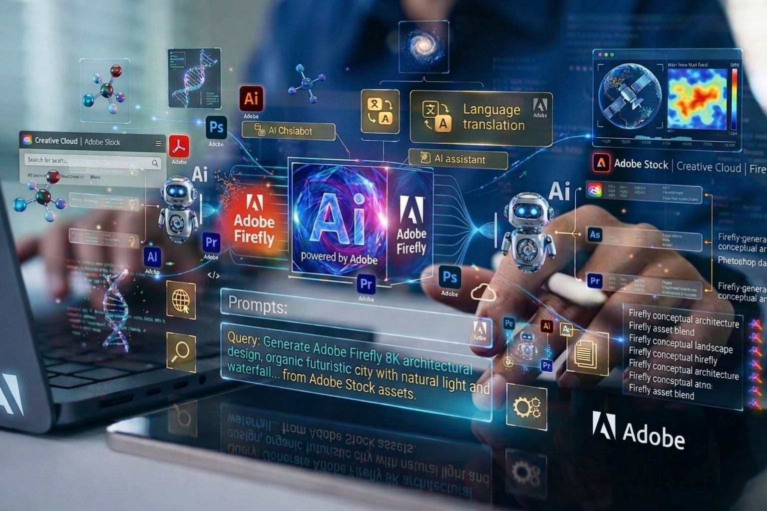 Adobe Creative Cloud와 Firefly AI를 활용한 미래형 디자인 작업 환경, 노트북에서 생성형 AI 기반 그래픽과 영상 편집 요소가 구현되는 모습