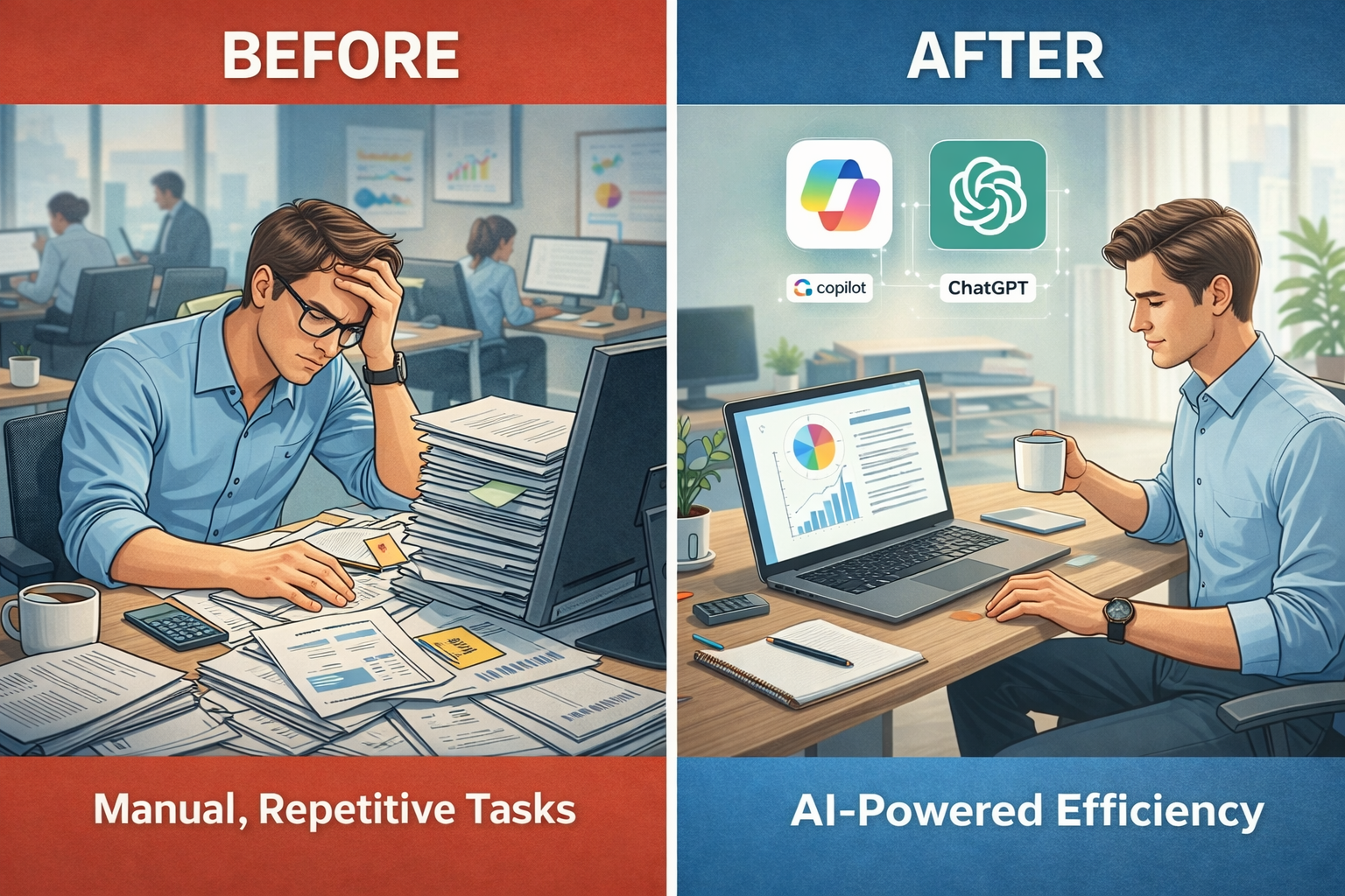 Before and after office workflow transformation using AI tools like Microsoft Copilot and ChatGPT to improve productivity