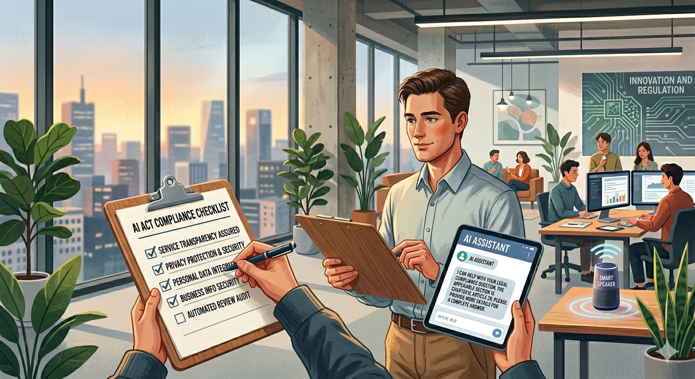 Illustration of corporate employees ensuring AI compliance and checking legal requirements using a checklist in a tech office.