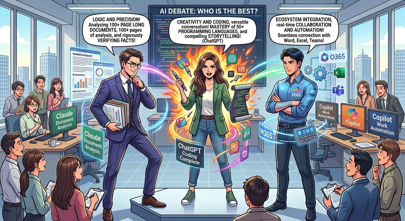 Claude, ChatGPT, and Copilot characters having a fierce debate about their strengths