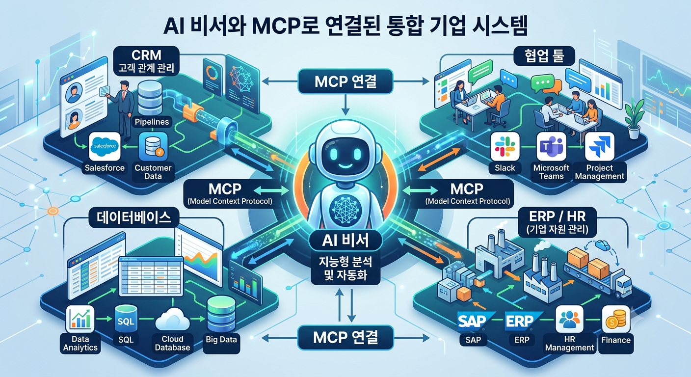 An infographic illustration showing an AI assistant connected to CRM, collaboration tools, databases, and ERP/HR systems through MCP (Model Context Protocol).
