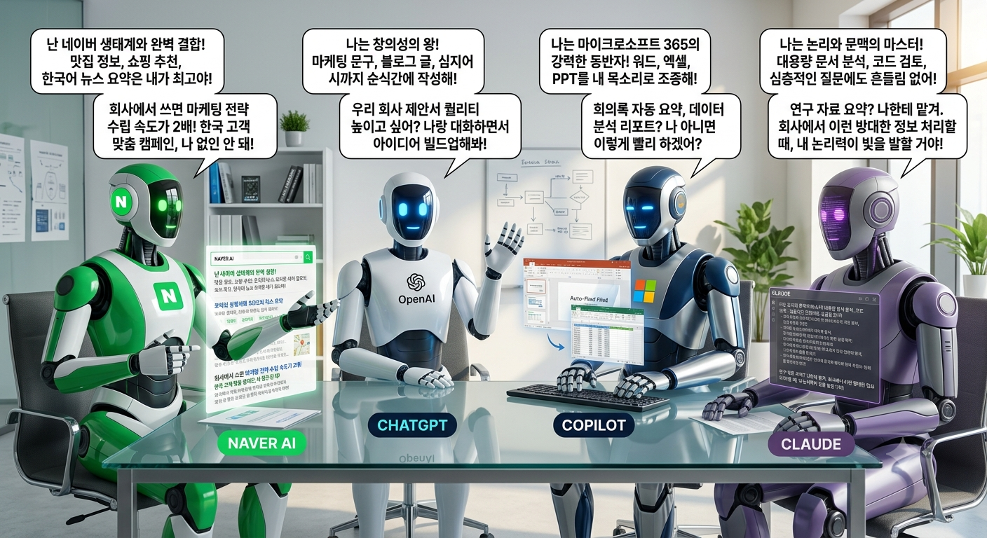 NAVER AI, ChatGPT, Copilot, and Claude robots in a meeting room, discussing their respective workplace advantages