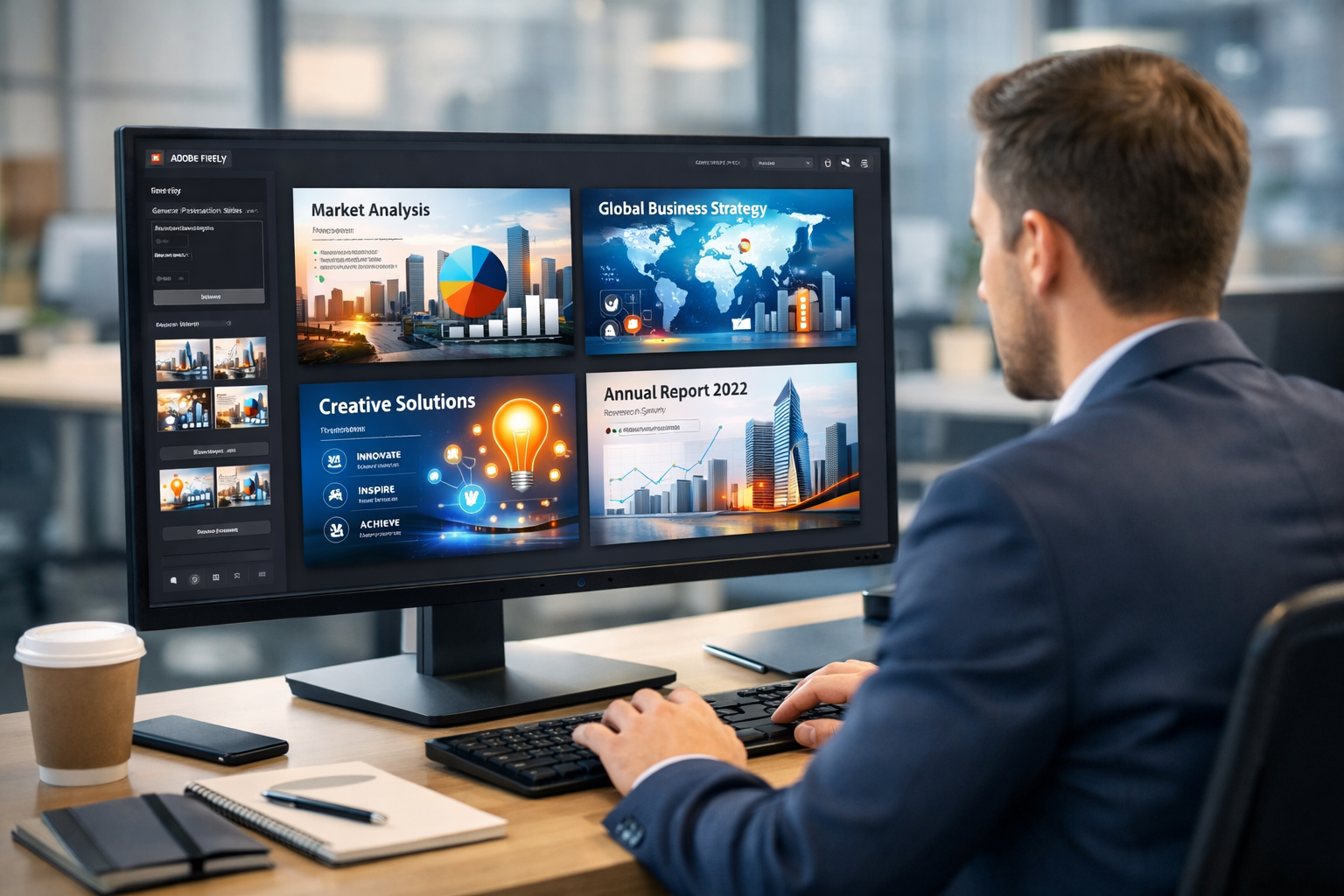 Corporate employee generating multiple presentation background concepts using Adobe Firefly AI image generation tool.