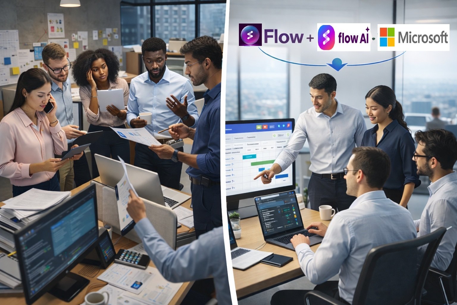 Split-screen office scene showing a chaotic team confused about task status on the left, contrasted with an organized team using Flow, Flow AI, Microsoft Word, PowerPoint, and Teams to manage projects smoothly with a Gantt chart on the right.